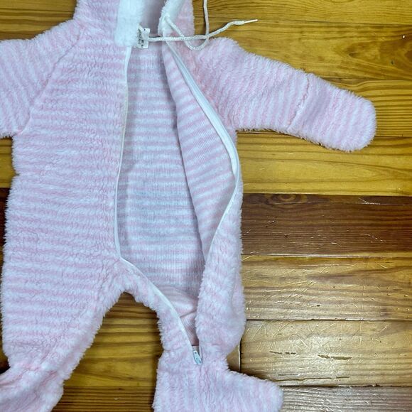 Vtg 80s Girl 0-6 Mth 1 piece Bunting Pram Fleece Suit Hood Zip Stripes Cuff USA - Picture 9 of 16